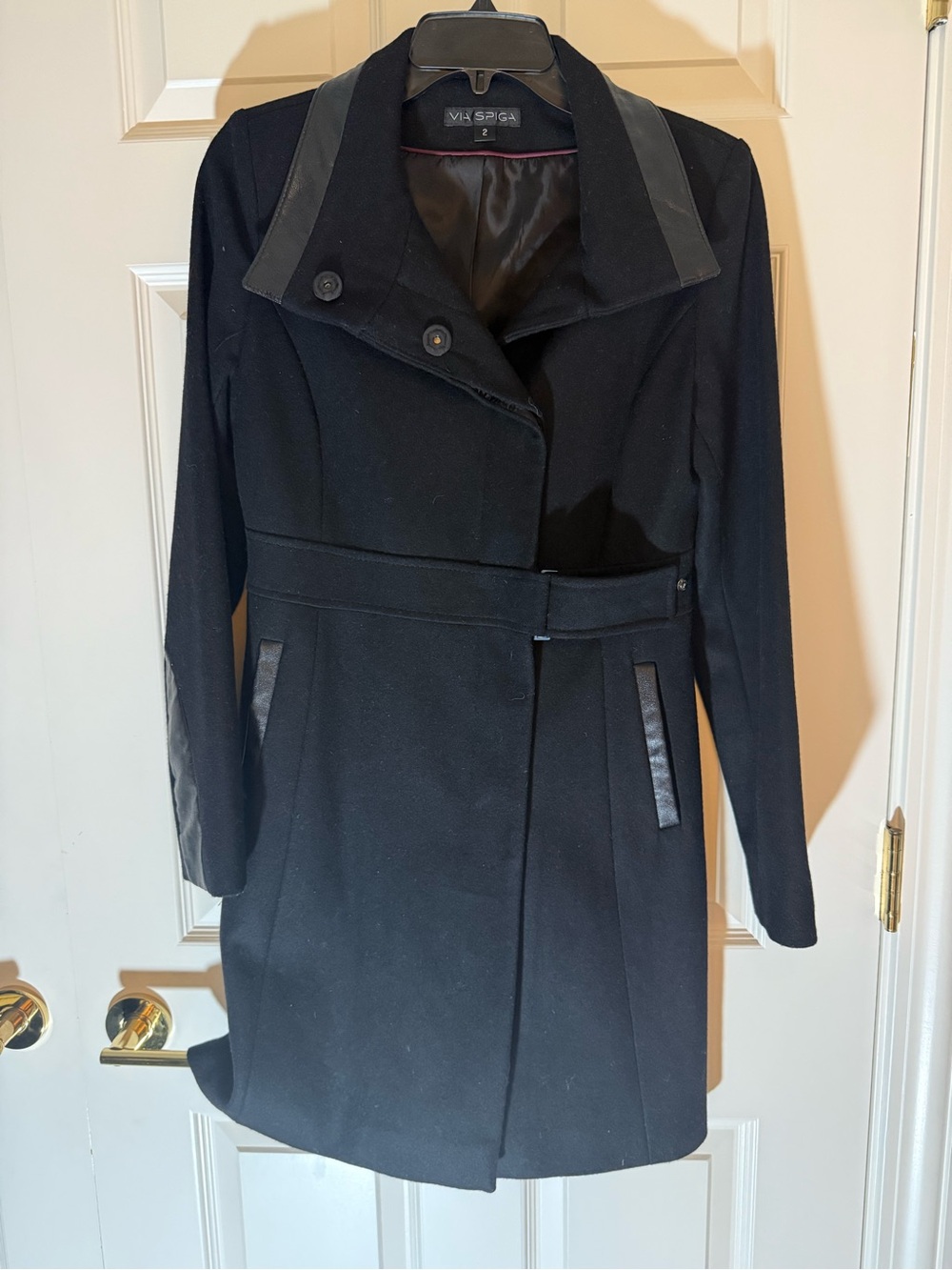 Via Spiga Black Belted Trench with Leather-Trim